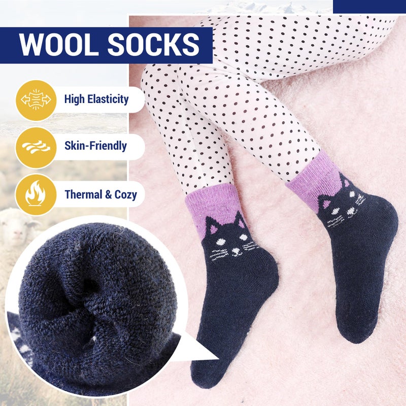 Eocom 6 Pairs Children's Winter Warm Wool Socks Kids Toddlers Boys Girls Thermal Thick Boot Cozy Crew Socks (4-7 Years, Cat) - Image 3